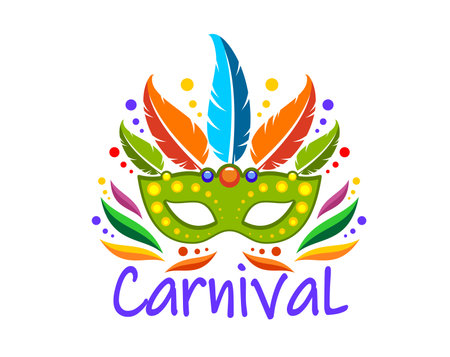 Carnival party mask with feathers, entertainment event icon. Isolated vector vibrant mask emblem, encapsulating mysterious spirit of Mardi Gras or Brazil masquerade celebration and holiday festivityのイラスト素材