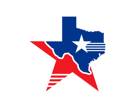 Texas state symbol, map icon, features star shape with territory border outline in red and blue colors. Isolated vector silhouette of Texas symbolizing unity and the independent spirit of usa stateのイラスト素材