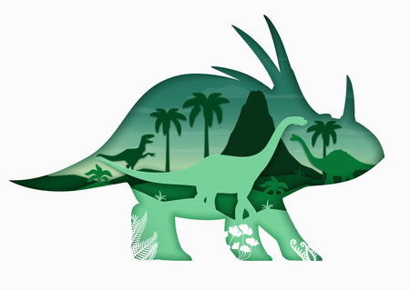 Paper cut triceratops dinosaur silhouette with prehistoric era landscape. Isolated 3d vector frame in shape of dino animal with apatosaurus or tyrannosaurus rex among palms, volcano and ancient plantsのイラスト素材