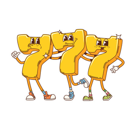 Cartoon retro groovy three seven golden signs character. Isolated vector yellow or golden triple 7 smiling personages in vintage nostalgic style, symbol of luck, casino gamble game, jackpot and chanceのイラスト素材