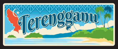 Terenggau Malaysian state or region. Vector travel plate or sticker, vintage tin sign, retro vacation postcard or journey signboard, luggage tag. Card with beach landscape and map with ornamentsのイラスト素材