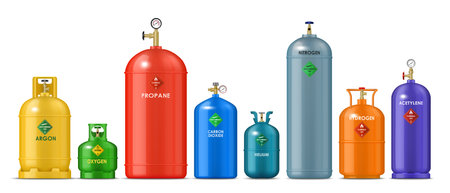 Realistic gas metal cylinders, tank bottles or containers of oxygen, propane and hydrogen, vector LPG canisters. Realistic barrels of compressed gas storage cylinders with argon, helium and nitrogenのイラスト素材