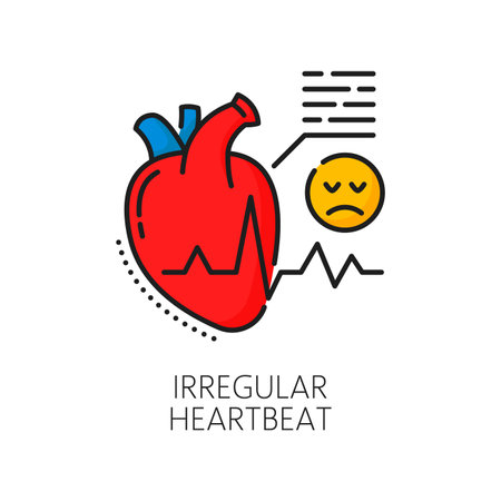 Hematology, anemia disease irregular heartbeat symptom color line icon. Health care diagnose, anemia symptom or hematology medicine test outline vector icon with human heart, heartbeat cardiogramのイラスト素材