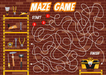 Labyrinth maze kids game quiz, help to cartoon diy and repair tools find a toolbox. Maze puzzle or riddle vector worksheet with pliers, wrench, measuring tape and screwdriver, toolbox cute personagesのイラスト素材
