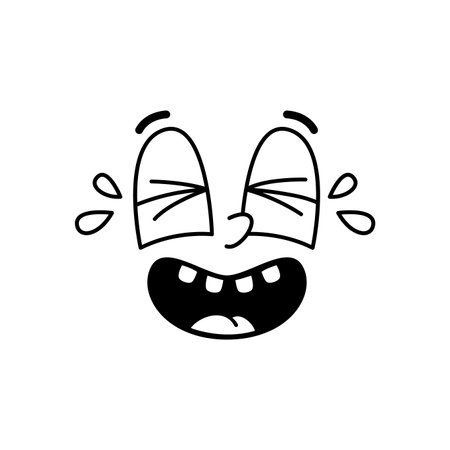cartoon funny comic groovy laughing face emotion, retro cute emoji character with expressive hearty laugh with tears, captures pure joy, happiness. Vector lol emoticon blending nostalgia with humorのイラスト素材
