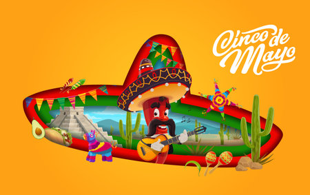Mexican sombrero paper cut Cinco de mayo holiday banner with mustached mariachi red jalapeno pepper playing guitar. Vector layered 3d frame with cacti, maracas, pyramid, pinata, tex mex taco, avocadoのイラスト素材