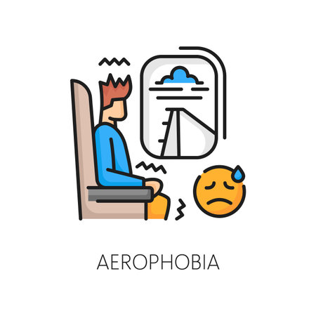 Human phobia, aerophobia psychology anxiety, mental problem line color icon. People psychology, mental disorder or phobia fear problem thin line vector symbol with man scared of airplane flightsのイラスト素材