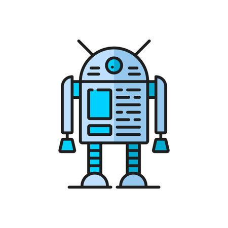 Game retro robot, alien humanoid virtual bot, futuristic droid line color icon. Virtual assistant humanoid droid, robotic technology vintage bot or alien cyborg symbol. AI robot outline vector iconのイラスト素材