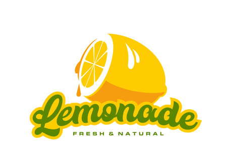 Lemonade icon of lemon for fruit juice drink or soda beverage, vector drops splash. Lemonade drink sign for fresh natural sparkling soda or citrus water beverage with lemon flavor for product packageのイラスト素材