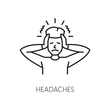 Headache anemia symptom, physical disease line icon. Hematology, medicine science, healthcare vector sign of outline man with headache, fatigue, dizziness, iron deficiency. Anemia or blood disorderのイラスト素材