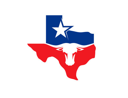 Texas longhorn state with map, flag and American star symbol, vector icon. Texas map and longhorn bull head sign of USA company or American corporation, oil and petrol industry or Texas quality badgeのイラスト素材