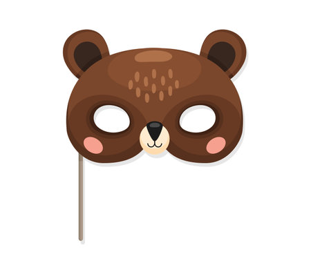 Bear animal carnival party mask. Festival or birthday costume. Isolated vector cute mask for kids with head of funny bear on stick. Decorative festive face covering for children holiday celebrationのイラスト素材