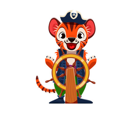 Cartoon tiger animal skipper or pirate corsair character with steering wheel, vector captain. Funny tiger as Caribbean pirate or seaman sailor at ship helm in tricorne hat with crossbones skullのイラスト素材