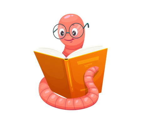 Cartoon bookworm character reading book, vector worm in glasses. Bookworm in eyeglasses reading book in library, intelligent work character or school student and education intelligent nerdのイラスト素材