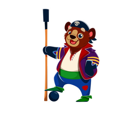 Cartoon bear animal gunner pirate corsair character with cannon ball and gun charging stick. Isolated vector swashbuckling sailor with a wide smile, ready for sea adventures for daring sea adventuresのイラスト素材
