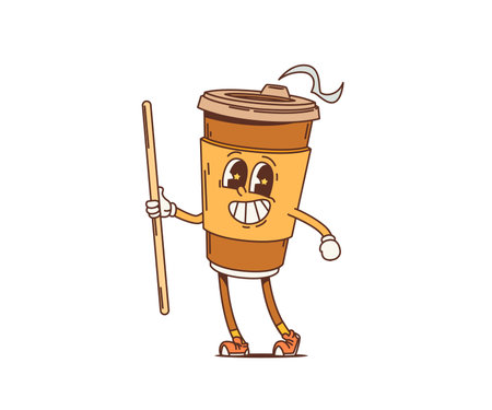 Cartoon retro coffee drink groovy character. Isolated vector whimsical disposable coffee cup personage with cheerful face, exudes psychedelic laid-back funky vibes making mornings vibrant and funのイラスト素材