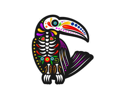 Mexican Day of Dead, toucan bird with sugar skull for tattoo, vector symbol. Dia de Los Muertos holiday or Mexico fiesta tattoo decoration of toucan skeleton skull with Mexican floral ornamentのイラスト素材