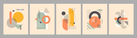 Modern abstract posters with geometric Memphis shapes and graphic elements. Vector card templates with soft, pastel colors, simple shapes and patterns in style of 80s, exude trendy eclectic aestheticのイラスト素材