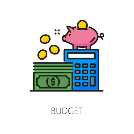 House rent, apartment insurance, real estate mortgage linear icon. Apartment rent thin line pictogram, house real estate sale or rent budget outline vector symbol with calculator, piggybank and moneyのイラスト素材