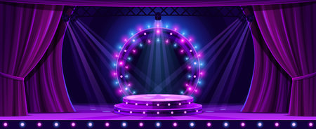 Theater entertainment stage podium. Vector background with realistic 3d round scene with ramp lights and purple curtains. Neon glowing empty platform or pedestal for presentation, show performanceのイラスト素材