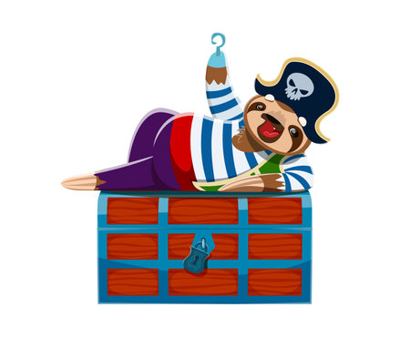 Cartoon cute sloth animal pirate character on the chest. Isolated vector funny lazy whimsical corsair personage wears a tricorn hat and hand hook, defends loot, lying on treasure trunk in relaxed poseのイラスト素材
