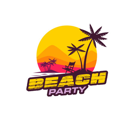 Summer tropical beach party icon, palm trees on resort paradise island, vector emblem. Beach party event or bar club music festival badge with sun and sea silhouette for open air or paradise festivalのイラスト素材
