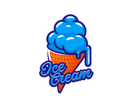 Gelato dessert, blue ice cream waffle cone icon. Vector isolated emblem featuring vibrant summer food scoops and melting drips on a crispy wafer. Tempting frozen delight, refreshing icecream snackのイラスト素材