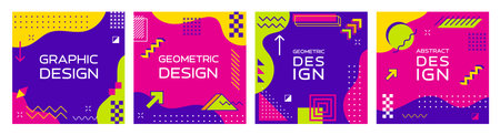 Memphis abstract geometric banners. Modern square templates, feature vibrant colors, simple shapes and bold patterns in retro-modern style of 1980s design movement. Vector playful cards or media postsのイラスト素材