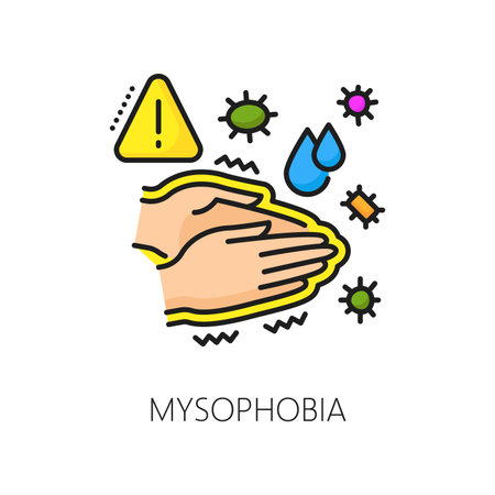 Mysophobia psychology problem, phobia or anxiety, mental health thin line color icon. Fear problem, people psychology or phobia mental disorder linear vector pictogram with human hands and microbesのイラスト素材
