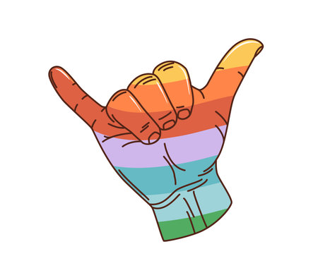 Cartoon retro groovy aloha shaka gesture. Isolated vector surf hand sign meaning a warm greeting, expressing goodwill, relaxation, and a laid-back attitude. Human palm with rainbow pattern and fingersのイラスト素材