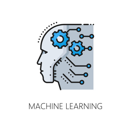 Machine learning color line icon of AI artificial intelligence neural network, isolated vector. AI robot brain or artificial intelligence smart mind learning technology for autoML and neuroscienceのイラスト素材