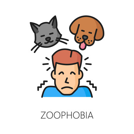 Human phobia or anxiety, psychology, zoophobia mental problem line color icon. Mental disorder, phobia or animals fear outline vector sign. Psychology problem outline sign with man scared of petsのイラスト素材