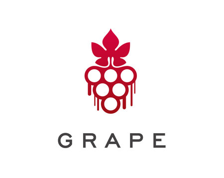 Grape wine icon, vector bunch of red grapes, vine leaf, fruit juice splashes and drops. Red wine alcohol drink or juice based beverage bottle label, isolated badge for winery, restaurant or barのイラスト素材