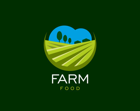 Agriculture farm field icon, rural landscape with green crop plants and trees under blue sky. Vector farm food and agriculture harvest field isolated badge, fresh organic, bio and eco product labelのイラスト素材