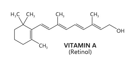 Vitamin A formula, chemical structure of retinol molecular compounds. Vector line retinoid molecule skeletal formula, chemistry science, medicine, education theme. Vitamin A dietary supplement formulaのイラスト素材
