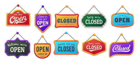 Open and closed board signs, shop notice signboards for store door, vector banners. Modern or retro vintage hanging signs with Sorry We Are Closed and welcome open signboards in frames for shopsのイラスト素材
