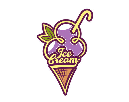 Purple ice cream waffle cone icon of gelato dessert for gelateria sign, vector emblem. Purple ice cream three scoops in wafer cone with text letters sign for Italian gelato or icecream cafe menuのイラスト素材