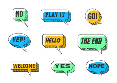 Memphis speech bubbles isolated vector set. Vibrant dialog clouds featuring bold colors, thick outlines and dynamic visual typography no, play it, go and yep, hello, the end, welcome, yes or nopeのイラスト素材