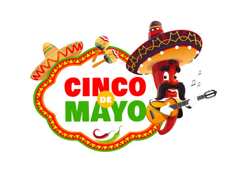 Cinco De Mayo banner, Mexican chili pepper mariachi character in sombrero, cartoon vector. Mexican holiday Cinco De Mayo greeting, chili pepper with mustaches playing guitar with maracas for fiestaのイラスト素材