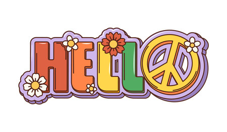 Cartoon retro groovy hippie hello sign. Isolated vector vibrant, psychedelic font featuring chunky, bubbly letters in bold, contrasting colors, peace symbol and flowers, in free spirited style of 60sのイラスト素材