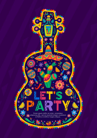 Mexican holiday party flyer with guitar frame border. Vector Mexico fiesta sombrero, cactus and maracas, chili peppers, tequila bottle and flower with bright color pattern and latin floral ornamentのイラスト素材