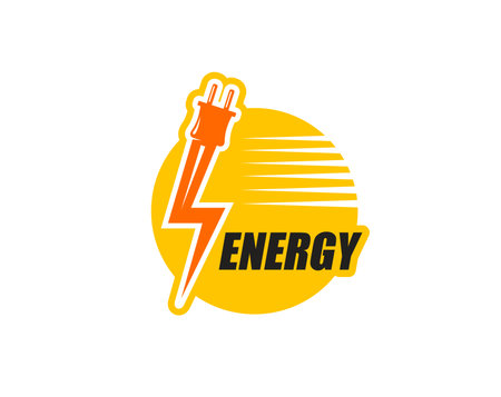 Electric energy icon of power plug with lightning cable, vector emblem. Electric car charge station, electricity provider service or power generation company sign with energy electric plug and cableのイラスト素材