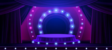 Theater or circus entertainment stage podium with lights, vector background. Circus show or concert theater scene with platform, neon glow illumination and curtain drapes in blue purple spotlightsのイラスト素材