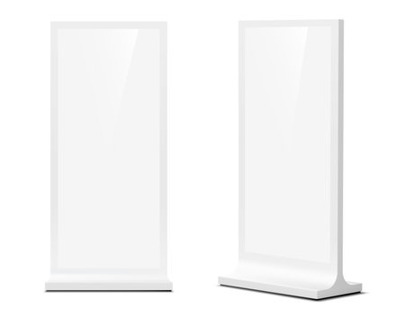 Outdoor stand display mockup, 3d vector isolated realistic promotional or informational kiosk for showcasing product branding in urban settings. White blank boards for marketing ads presentationsのイラスト素材
