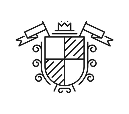 Medieval line heraldry coat of arms symbol. Isolated vector outline emblem of identity for knights and noble families, displayed on shield with flags and crown, representing lineage, honor or allianceのイラスト素材