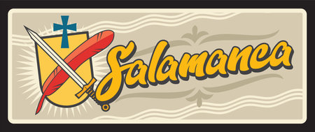 Salamanca, Lugo and Alava tin signs. Spain regions plates, european travel retro banners with provinces coat of arms sword, feather and sacred wafer in communion bowl symbols, territory flagsのイラスト素材