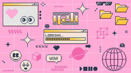 Y2k banner, vector computer pc desktop with interface windows, folders, icons and loading bar. Pink background in retro old 2000s style aesthetic emoji, speech bubbles, stars and planets on screenのイラスト素材