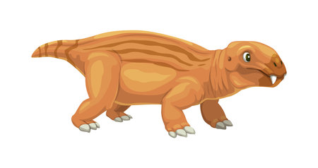 Cartoon lystrosaurus dinosaur character. Isolated vector prehistoric dino animal, stubby, herbivorous reptile from the early Triassic period, distinguished by its beak-like snout and tusksのイラスト素材