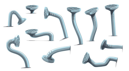 Metal bent wall nails and hobnails or hammer pins with iron heads, cartoon vector. Bent crooked nails and curved broken steel hobnails or carpentry pins with wound hammered damaged hobs and spikesのイラスト素材