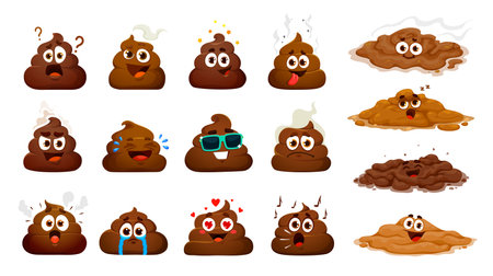 Cartoon poop emoji, funny poo excrement characters, happy toilet shit emoticons vector set. Stinky brown poop, excrement, crap, turd, dung or feces piles with comic faces, sunglasses, hearts and tearsのイラスト素材